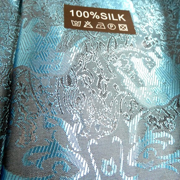 100% Silk Scarf Blue & Black Embossed Lucky Elephant Reflective 73" x 27" NWT - Picture 8 of 14
